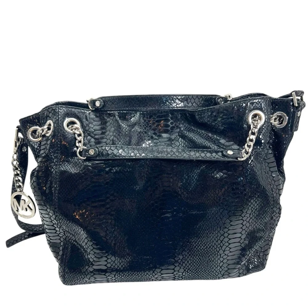 Michael Kors Black Snakeskin Lilly Chain Tote Shoulder Bag